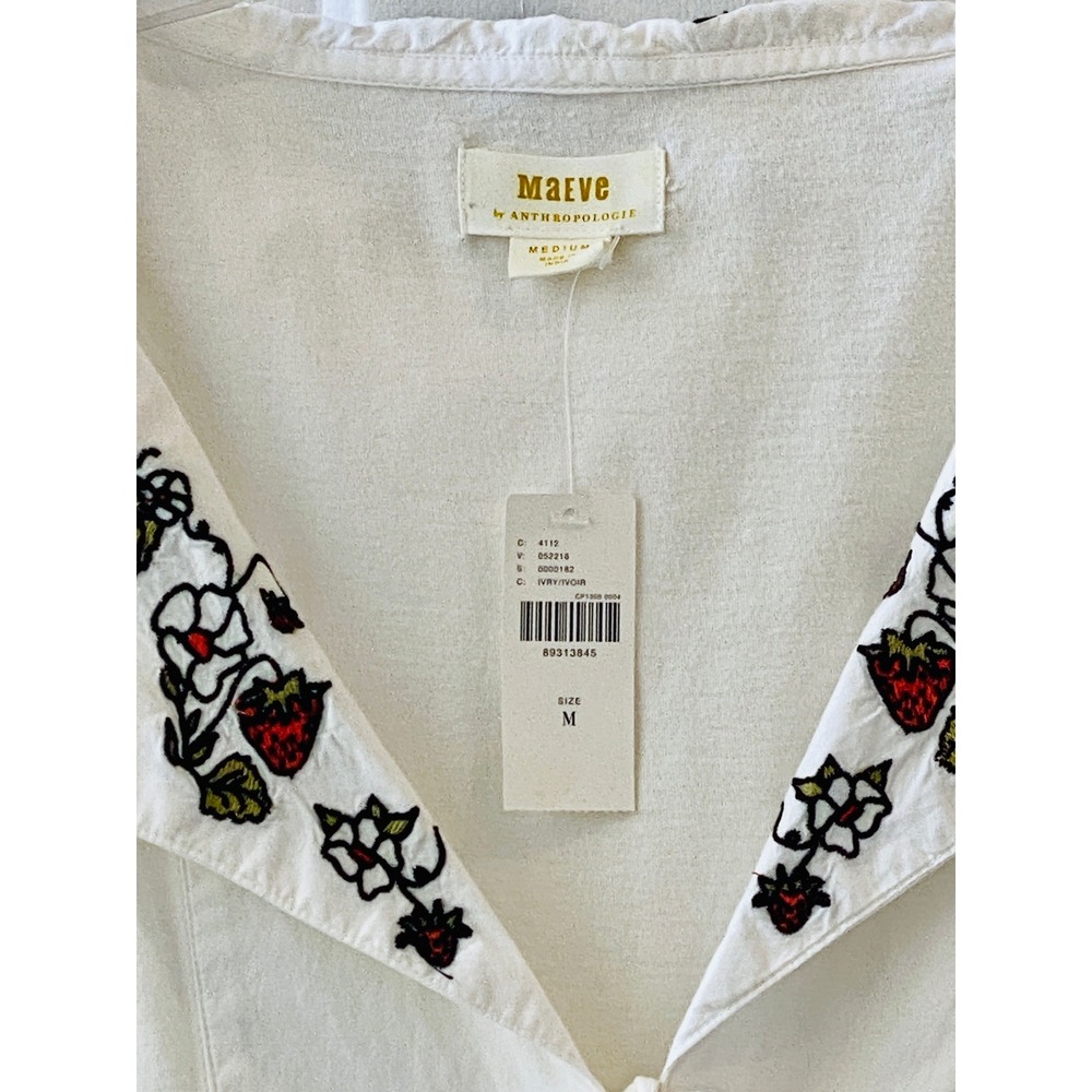 Maeve Anthropologie Strawberry Embroidered Fruit Babydoll Top White Ivory size M - Picture 5 of 16
